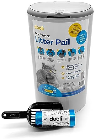 dooli Geruchsfangender Streueimer - Geruchloser Katzenstreu Eimer mit Deckel & 6 Monate Vorrat an Nachfüllbeuteln und Schaufel - Ein-Finger-Wasserhahn-Deckelöffnung