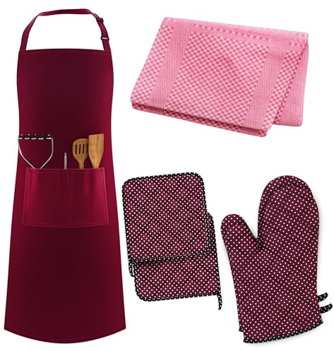 LEFUNDA® 7-teiliges Küchenset umfasst eine verstellbare BBQ-Schürze mit 3 Taschen, Ofenhandschuhe, Topflappen und Geschirrtücher, konzipiert für Hobbyköche, Restaurants und Cafés.