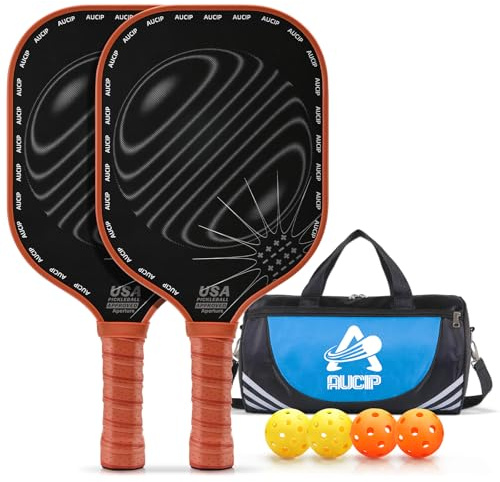 AUCIP Pickleball Paddle, Pickleball Schläger Set - Fiberglas Oberfläche, 2 Rackets, 4 Bälle, 1 Tasche - Für Innen & Draußen Sport