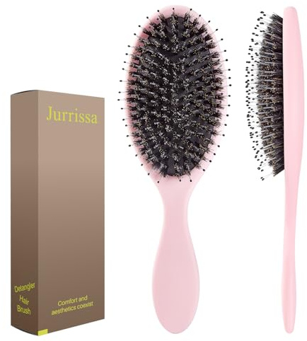 Jurrissa Boar Bristles Hair Brush for Women and Men, Detangling Hair Brush for Smoothing Massage Add Shine, Nylon&Boar Bristles Detangler brush for Hair Healthy (1 Pack-Pink)
