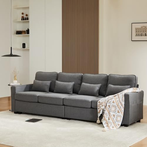 YEHTOKHOME Moderne Canapé 4 Places avec Poches Accoudoirs et 4 Coussins Sofa Minimaliste Coussin Amovible, pour Salon Appartement, Bureau, Lin (Gris foncé)