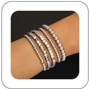 Inilbran Boho Stratificato Perline Mano Bracciale Argento Quadrato Cerchio Imbracatura Catena Vintage Rotonda Perline Catena Schiava Tratto Elastico Impilabile Gioielli Per Le Donne