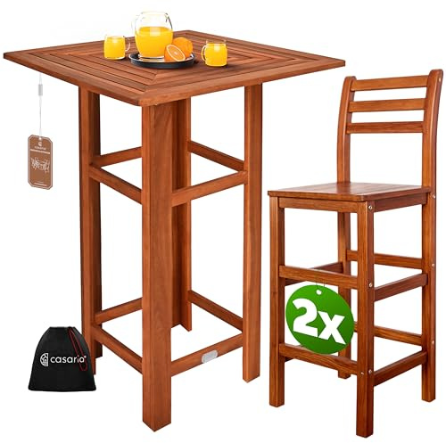 CASARIA® Mesa de Bar con 2 Taburetes Set Muebles Interior Exterior Madera de Acacia 110x75x75cm Jardín Balcón Rustical Resistente a la Intemperie