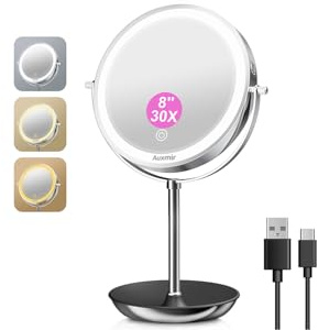 Auxmir Specchio con Luci di 3 Colori, Ingranditore 30X/1X, Luminosità Regolabile Bifacciale Rotazione a 360°con Contenitore, Ideale per Trucco, Rasatura e Cura del Viso