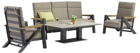 TEMPO STYLE - Salottino Lounge KEA PLUS in alluminio antracite | Lounge da giardino con divano, tavolo, 2 poltrone e cuscini | Set di mobili da giardino in metallo da 5 persone
