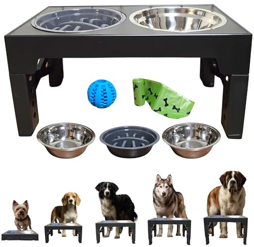 BASAMA ® Comedero Perro Elevado 5 Alturas, con 2 Platos de Acero y 1 comedero antivoracidad Perro + 1 Pelota Perros interactiva + 1 Rollo de Bolsas para excrementos| Apto para Todas Las Razas, Edades