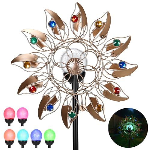 Molino de Viento Solar jardín 190 cm, Gran Decoración Exterior de Metal con Luces LED de Colores Cambiantes, Eólica Decorativa Resistente a la Intemperie con Aspas Silenciosas