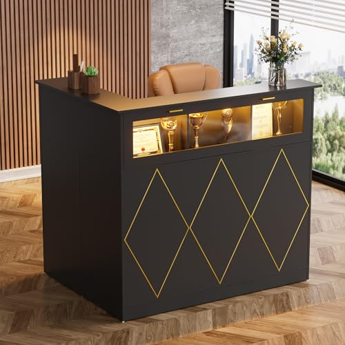 MSFE Bancone Reception con LED, Banco Reception L con Cassetti e Armadi, Moderno Bancone Negozio Reception Estetica Banco Cassa per Hotel, Ufficio,Centro Estetico,126x93x111cm (Nero)