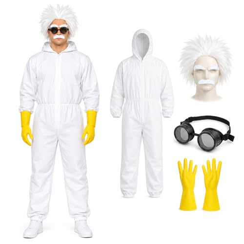 Buyzzus Future Fancy Dress Costume Doc Adult Lab Doc Funny Novelty Costume with Hooded Jumpsuit, Wig Eyebrows Moustache, Goggles Gloves for Halloween Masquerade Cosplay Party