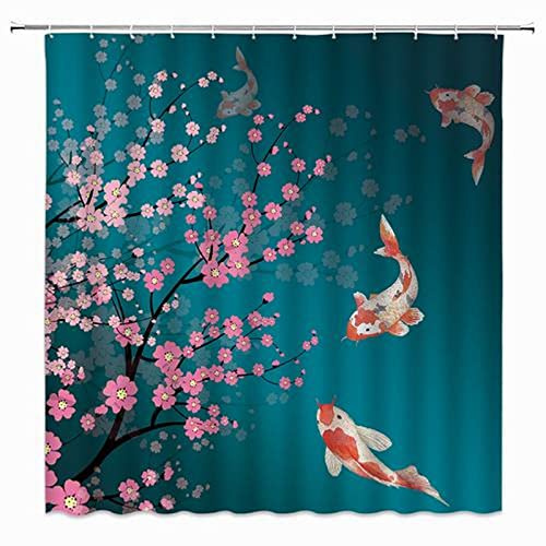 jingjiji Japanese Cherry Blossoms Shower Curtain Asian Chinese Oriental Watercolor Teal Blue Flower Branch Fish Carp Spring Bloom Traditional Ink Painting Bathroom Polyester Fabric Hooks 70 X 70 Inch