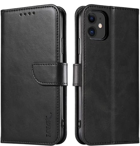 LOLFZ Wallet Case for iPhone 11, Vintage Leather Book Case with Card Holder Kickstand Magnetic Closure Flip Case Cover for iPhone 11 - Black