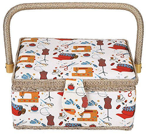 HERCHR Grande Cestino da Cucito, Scatola da Cucito in Tessuto Vintage Scatola portaoggetti per Kit da Cucito con Vassoio Rimovibile Tasca Interna per Accessori da Cucito(Arancia)