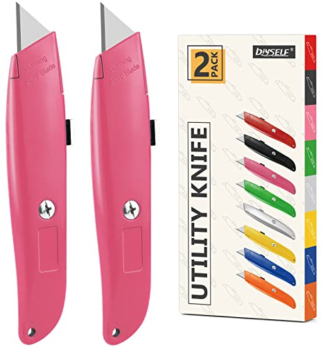 DIYSELF 2Pack Utility Knife Box Cutter Retractable Blade Heavy Duty, Box Cutters for Boxes and Cartons, Aluminum Shell Box Knife, Box Opener, PVC Pipe Cutter (Pink)