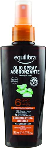 equilibra Solari, Olio Spray Abbronzante Spf 6, a Base di Aloe Vera e Vitamina E, per Pelli Scure o Abbronzate, per Mantenere un'Abbronzatura Sana e Intesa, Water Resistant, 150 ml