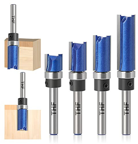 THF Professional Flush Trim Pattern Bit Set, 1/4 Inch Shank 4 Pcs Straight Flush Trim Tools Milling Cutter Tool with Bearing Template Router Cutter