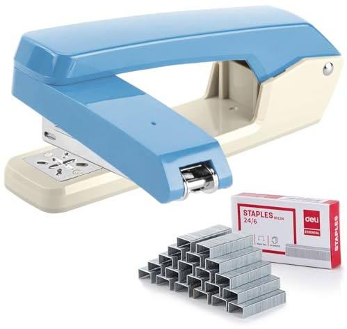 Deli/EZWORK Swing-Arm Swivel Stapler, 25 Sheets Capacity, 360 Degree Rotate Desk Staplers with 1000 Staples for Booklet or Book Binding, Blue+White