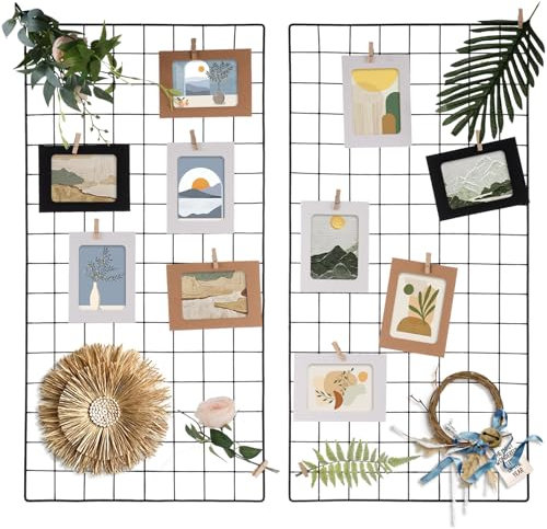 Lnrueg 2 Pack Wire Wall Grid Panel 30 x 15, Wall Grid Shelf with Photo Frames for Photo Display, Metal Mesh Message Board Memo Boards, Heavy Duty Gridwall Display Rack for Art Retail Display