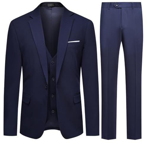 Allthemen Abito da Uomo Elastico 3 Pezzi Slim Fit Completo Formale con Un Bottone da Sposa Giacca Blazer Pantaloni Gilet Blu Navy M