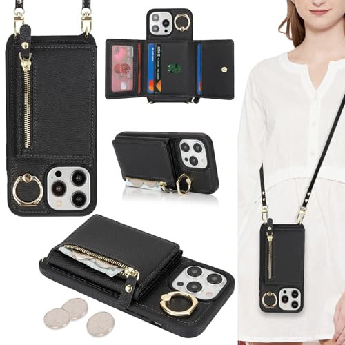 ELTEKER Handyhülle für iPhone 13 Pro Max Hülle mit Band Kartenfach Ringhalterung Geldbörse,Leder Klapphülle Umhängetasche Handytasche für iPhone 13 Pro Max - Schwarz