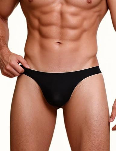 sunshinelady Men’s Ice Silk Thongs Underwear Bulge Pouch Thong Mankini Sexy Micro G-String Plus Size Black Tanga Briefs Soft Strethcy Lingerie Black M