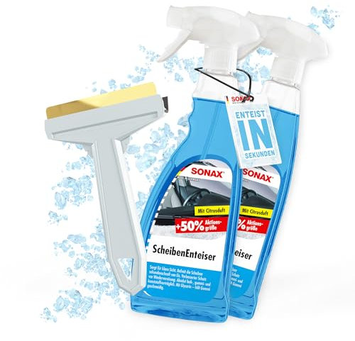Auto Scheibenenteiser Set | 2X Sonax Scheiben Enteiser Spray 750ml für Autoscheiben + 1x Murska Eiskratzer mit Messingklinge | Enteiserspray für klare Sicht