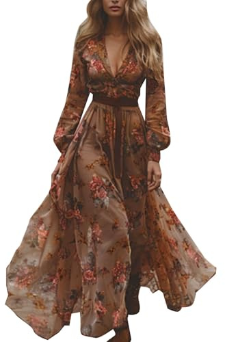 Abito boho da donna, lungo, vintage, stile rustico, con scollo a V, con motivo floreale, casual, a maniche lunghe, leggero, elegante, in chiffon