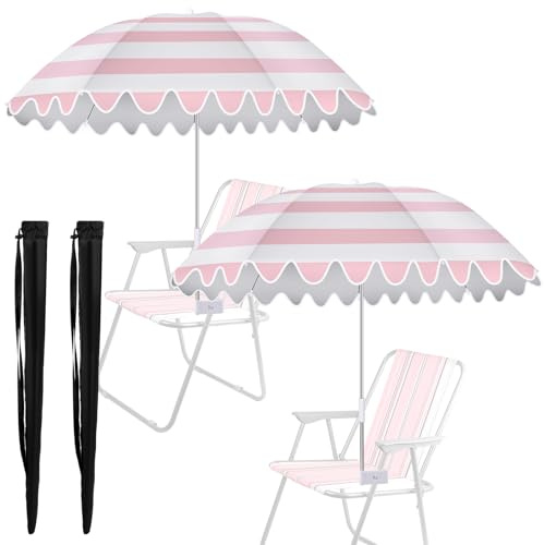 Abbylike 2 Pcs Scalloped Chair Umbrella with Universal Adjustable Clamp 38'' Portable Wheelchair Umbrella UPF 50+ Camping Chair Parasol with Bag for Outdoor Patio Lawn(Scalloped,Pink,White)