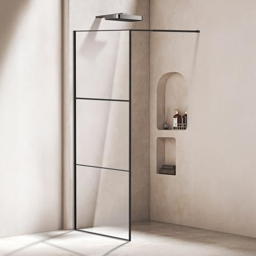 Eikuavons Parete doccia Walk-In 80 x 200 cm, colore nero opaco, 3 pezzi, telaio pieno segmentato, vetro di sicurezza monolocale da 5 mm, montaggio a destra/sinistra, adatto per pavimento o piatto