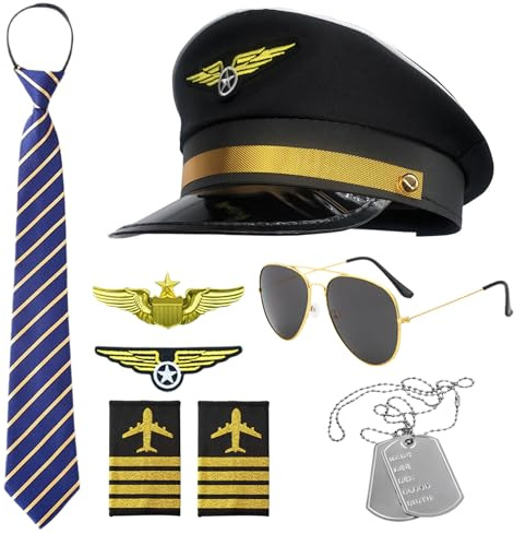 Hpbaggy 8PCS Accessoire de Costume de Pilote,Chapeau De Capitaine,Cravate,Lunettes de Soleil,Collier,épaulettes,Insigne, Déguisement Pilote,pour Carnaval,fêtes à thème
