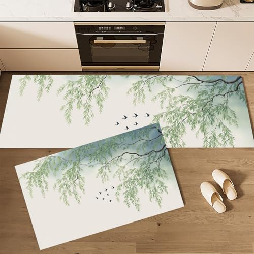 2 Pezzi Tappeti Da Cucina Pittura A Inchiostro Orientale, Tappetini Da Cucina Salici Uccelli In Volo Antiscivolo Lavabile, Per Cucina Corridoio Soggiorno, Verde Chiaro, 40x60cm+40x120cm
