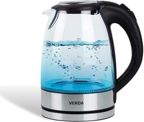Wasserkocher Verda mit LED-Beleuchtung 1,7L 2200W Glas OneTouch-Verschluss, Kalkfilter, Kabelaufwicklung,100% BPA FREI, 360° (SN0617L)