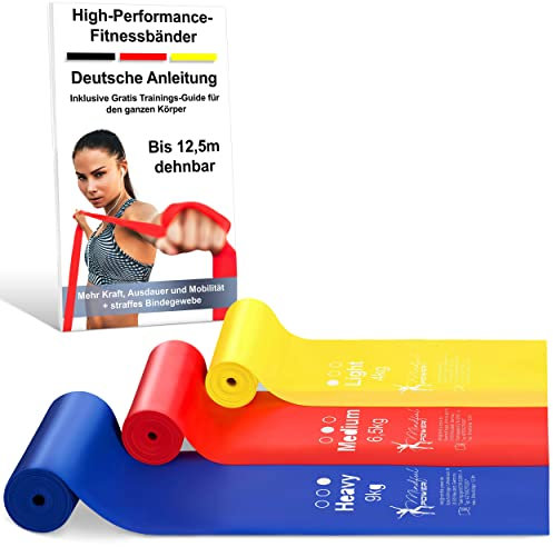 MINDFUL POWER® Fitnessbänder 2,5m, Extra Lange Widerstandsbänder[3er Set], Gymnastikband elastisch bis 12,5m - Ideale Fitnessband für alle Übungen