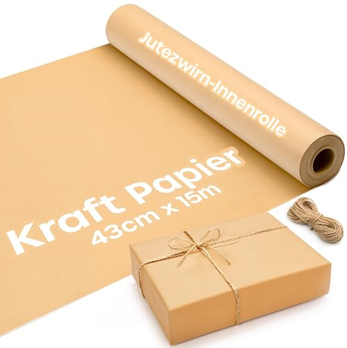 Recyclable Brown Wrapping Paper with Twine 430mm x 15m, ECO Kraft Wrapping Paper for Parcel Paper, Gift Wrapping, Arts & Crafts Paper Roll