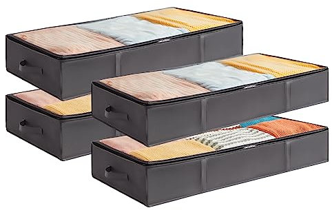 Lifewit 4 Stück 75L Unterbettkommode, Unterbett Kleideraufbewahrung Faltbare Aufbewahrungsbox mit Deckel, Kleidung Aufbewahrungstasche für Kleider Kleidung Unterbett Kleiderschrank, Grau