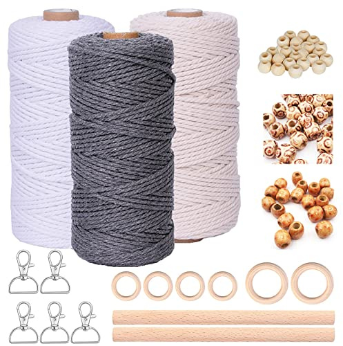 Filato macramè, 3 mm x 60 m, set di 3 pezzi per macramè, arazzo da parete, acchiappasogni, fioriera per fai da te, con 5 portachiavi, 60 perline di legno, 6 anelli di legno, 2 aste rotonde