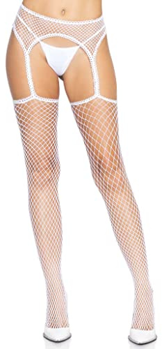Leg Avenue Calze a Rete industriali con Reggicalze attaccata Tagliata smerlata Collant, Bianco, Etichettalia Unica Donna