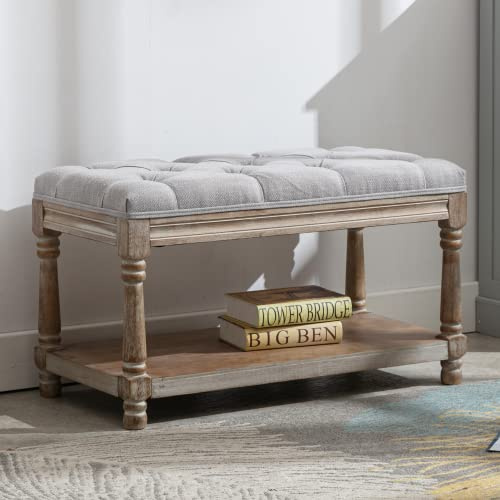 chairus Storage Bench 31.5 W Button Tufted Small Entryway Bench with Wooden Shoes Rack End of Bed Bench with Fabric Linen Upholstered Rectangular Seat for Bedroom Hallway Small Space, Grey