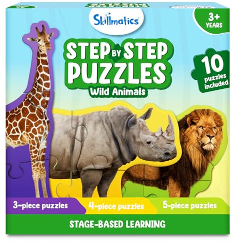 Skillmatics Step by Step Puzzles - 40 Piece Jigsaw & Toddler Puzzle, Montessori Educational Toy for Boys & Girls, Wild Animals, Travel Friendly, Gifts for Kids Ages 3, 4, 5 and Up