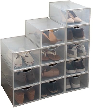 Simplify Set of 12 Stackable Shoe Boxes | Customizable | Fits Size 11 Shoes | Drop Front Design | Closet Storage | Sneakers | Heels | Clear and White