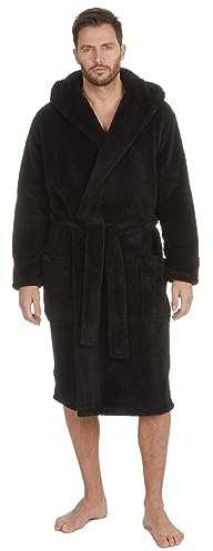 Mens Solid Dressing Gown Long Sleeve Plush Hooded Lounge Catonic Bath Robe Warm (BLACK, ONE SIZE)