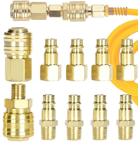 Mikqky 10 Piezas Acoplamiento Rápido De Aire Comprimido, Acoplador De Aire 1/4 Bsp, Accesorios Para Compresores De Aire Con Conectores Hembra y Macho, 1/4 Bsp Euro Acoplamiento Rápido Acoplador(Oro)