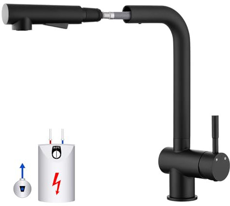 CECIPA Niederdruck Armatur Küche Schwarz, Wasserhahn Küche Ausziehbar mit Brause Zwei Wasserstrahlarten, 360° Schwenkbar küchenarmatur für Boiler