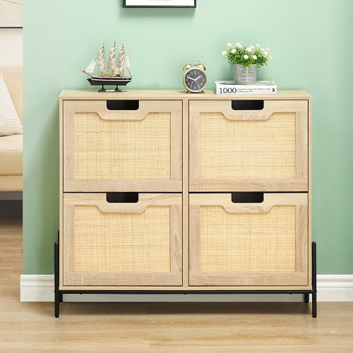 HAUSPROFI Schuhkipper Schuhkommode mit 4 Klappen Schuhschrank mit 8 Einstellbar Ablageflächen - Natürliches Rattan Schuhschrank Schmal hergestellt aus Robustem Material für Diele, Eingang