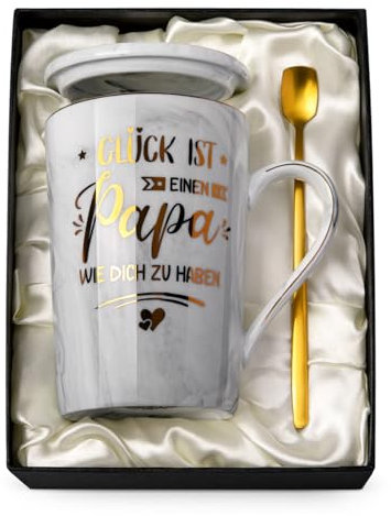 Geschenke für Papa - Bester Papa Geburtstag Kaffeetasse Geschenke, Vatertag Weihnachtstag Ruhestand Geschenk, 400ml Marmor Keramik Tassen Becher Set mit Löffeldeckelkarte, Hübsch Geschenkbox, Grau