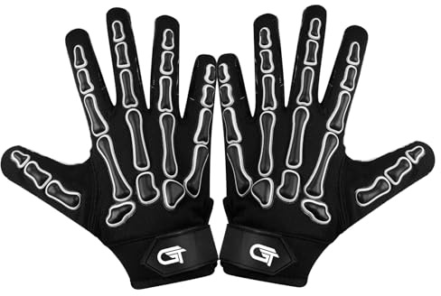 Glorious Traders Youth Football Gloves American Wide Receiver Injected Bones Football Gloves for Adult Men Women & Boys with Super Sticky Silicone Grip Palms (Black, Adult Large)
