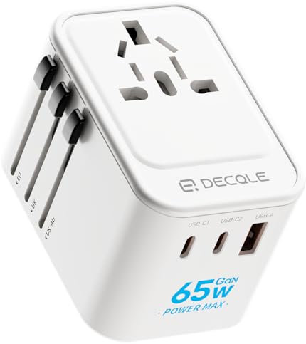 decqle Adaptateur Prise Universelle, Adaptateur Voyage International avec 2 Ports USB-C(GaN 65W) ＆ 1 USB-A, Concerner France vers USA, UK, EU, AU ＆ 224+ Pays (Blanc)