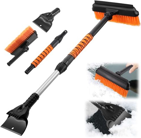 Hejo 3 in 1 Grattoir à Glace avec Balai, Rotatif Givre Voitures à Brosse, 80cm Brosse à Neige Rétractable, Amovible Brosse Neige Voiture pour Voitures, Camions et SUV(Orange)