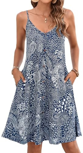 Enmain Womens Summer Dress Spaghetti Strap Floral Dress V Neck Casual Swing Midi Sundress with Pockets for Hawaii Beach Navy Blue L