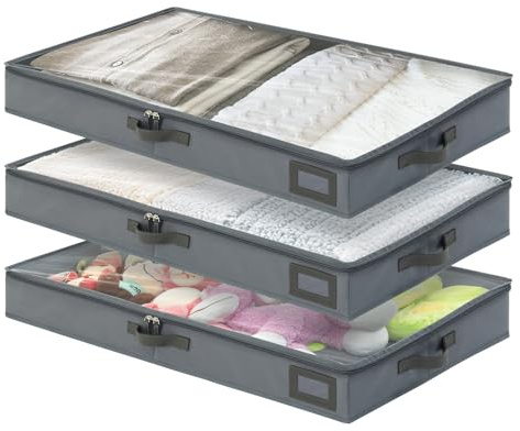 PLUMGEAN 4-Inch Under Bed Storage Containers (3-Pack) | Sturdy Sidewalls | Clear Cover & Label Holder | Underbed Organizer for Crib/Couch | Stores Clothing/Blankets/Wrapping Paper/Toys