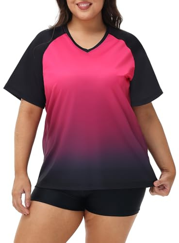 Plus Size Rash Guard for Women Sun Protection Swim Shirts Short Sleeve Loose Fit UPF 50+ Quick Dry Swimming Tops, Red Black, XXL Plus